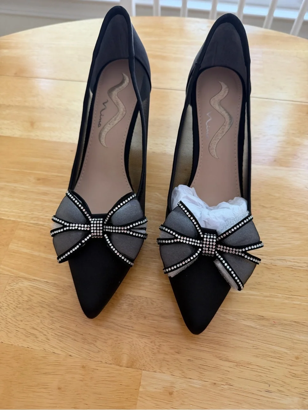Nina Black Satin Pointed-Toe Pumps with Rhinestone Bow